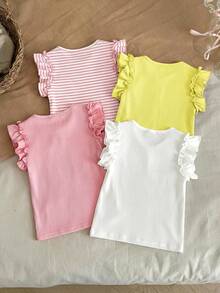 LMoss Kids 4pcs/Set Young Girl Casual Solid Color T-Shirts - Multicolor - View 2