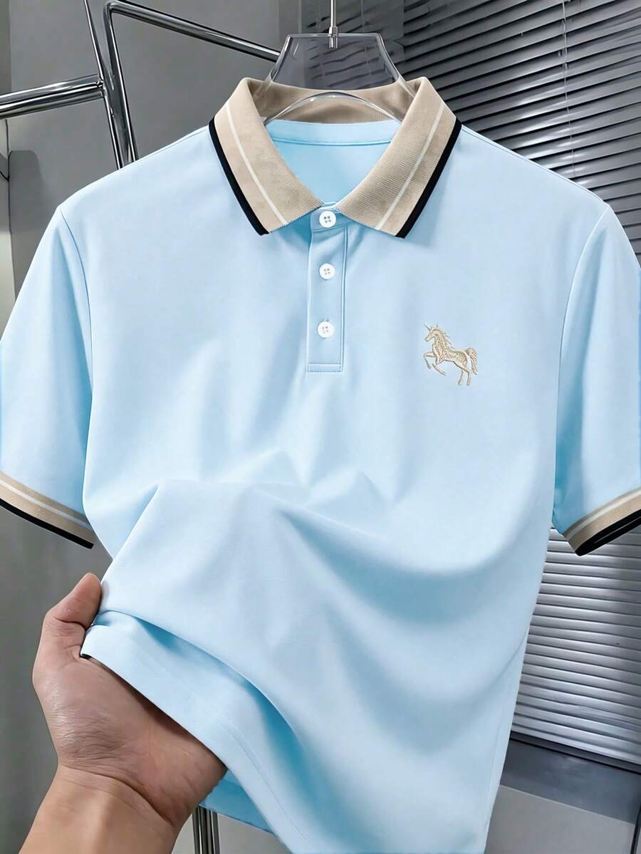Calvornis Men's Jacquard Collar Embroidered Short Sleeve Casual Polo Shirt, Formal - Baby Blue - View 1