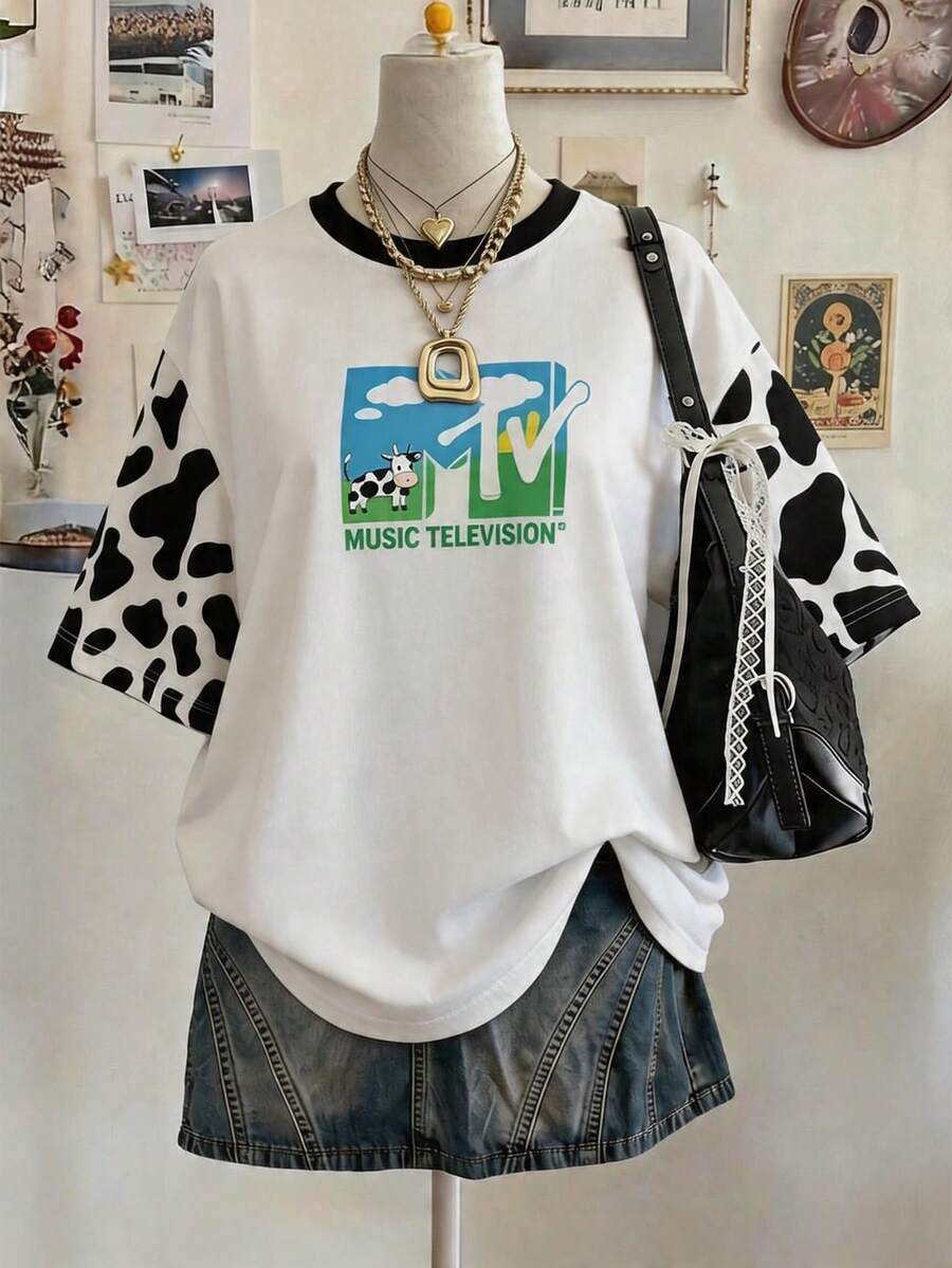 Lalippa Cow Print Digital Graphic Oversized Loose Mid-Length Round Neck Drop Shoulder Women T-Shirt, Gift For Friends - Multicolor - View 1