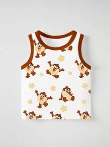 LOONEY TUNES X SHEIN GraphicGems 3pcs Baby Boy Casual Cute Cartoon , Tasmanian Devil Taz And All-Star Collection Floral Print Colorblock Ribbed Knit Tank Top For Summer - Multicolor - View 4