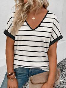 EMERY ROSE New Arrival Plus Size Women's Fashion Casual Versatile Striped Contrast V-Neck Short Sleeve T-Shirt - Multicolor - View 1