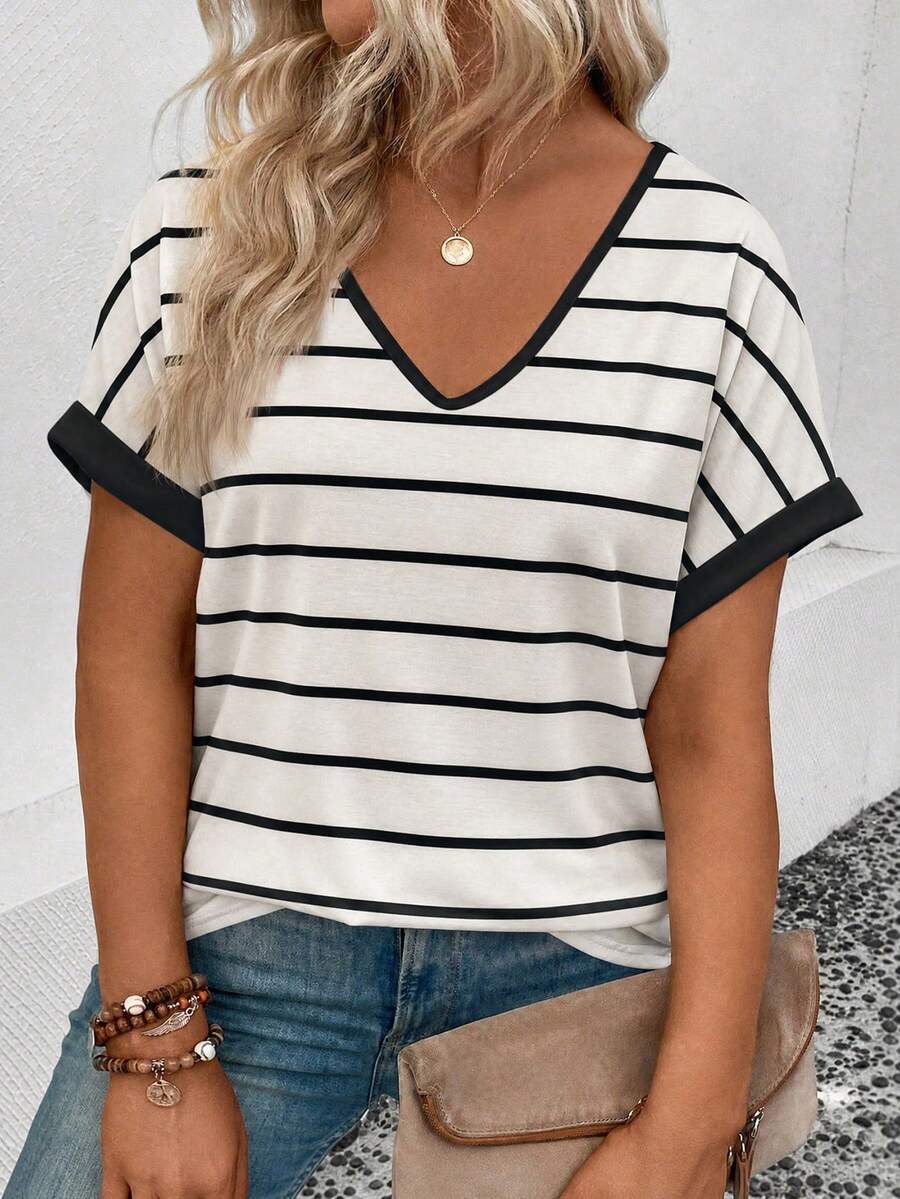 EMERY ROSE New Arrival Plus Size Women's Fashion Casual Versatile Striped Contrast V-Neck Short Sleeve T-Shirt - Multicolor - View 1