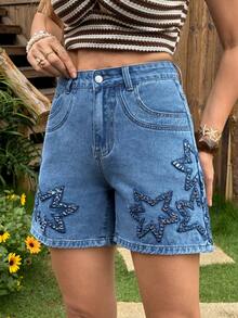 Breezaya Quần short denim bó sát thời trang rách rưới, thêu hình ngôi sao dành cho nữ. - Màu xanh lam - Xem 4