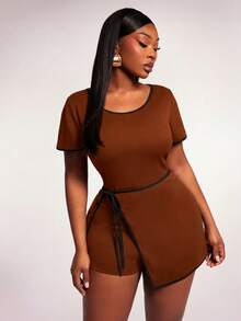 Radiana Women's Brown Short Sleeve Sports Set With Contrast Trim And Wrap Detail Skort For Active Wear - Brown - View 9