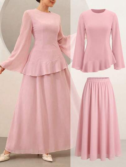 Graceveil Elegant Pink Ruffle Flare Sleeve Top And Skirt Set For Women