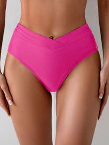 Swim Basics 女士纯色V型腰部舒适透气比基尼泳裤 - 玫紅色 - 查看 5