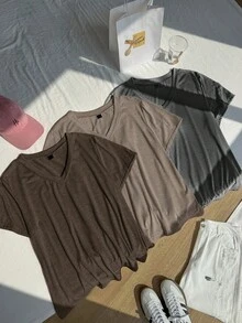 Comfortcana 3pcs/Set Plus Size Casual V-Neck T-Shirts, Spring/Summer - Multicolor - View 5