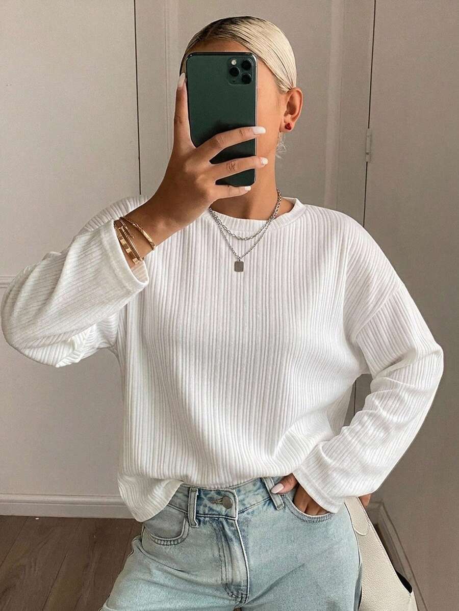 DAZY Ribbed Knit Lettuce Trim Tee,Fall Clothes Long Sleeve Women Tops - White - View 1