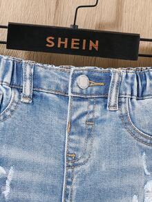 SHEIN Baby Boys' Summer Casual Distressed Ripped Frayed Blue Button Front Pockets Skinny Denim Shorts,Baby Spring/Summer Spring Break Daily Wear - Light Wash - View 5