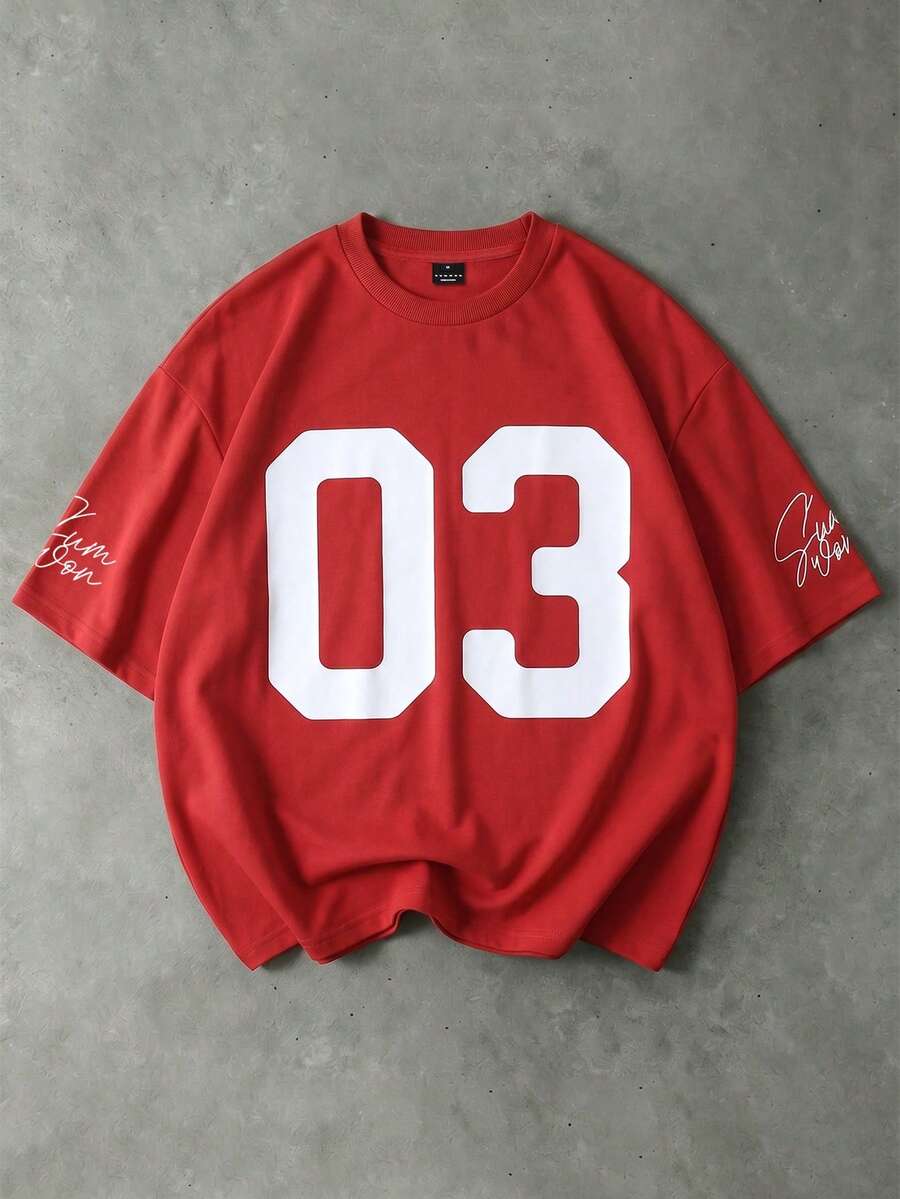 SUMWON Oversized Crew Neck Short Sleeve Tee With Bold Numeric Front Print And Signature Script Sleeve Detail - Red - View 1