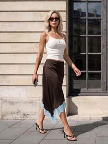 Sinnesro Dark Brown Summer Color-Blocked Midi Skirt,Elegant Date Night Vintage Style,Stylish High-End Vacation Commute Relaxed Fashionable Skirts ,Petite Women - Brown - View 6