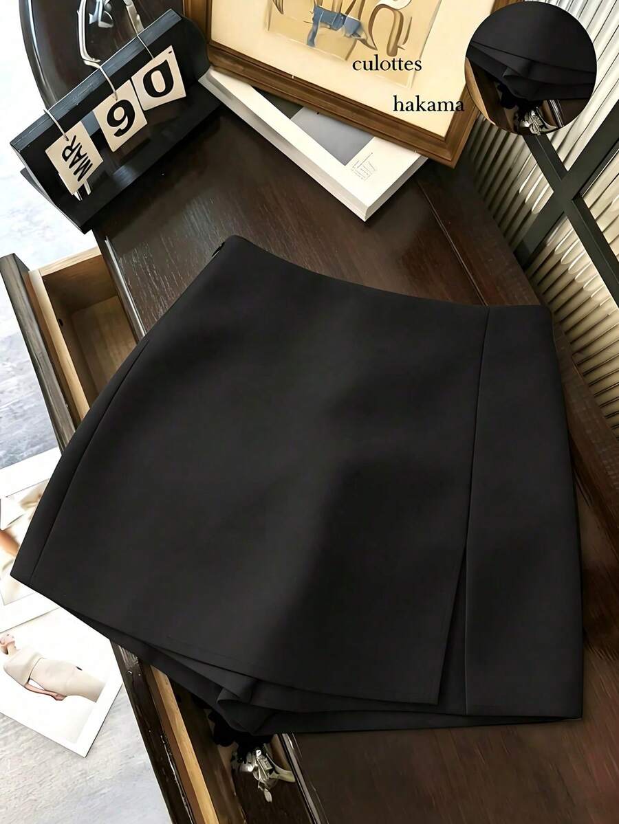 EMERY ROSE Plus Size Women's Fashion Casual Versatile Textured Soft Fabric High Waist Slit Shorts/Skirt/Capri Pants/Hotpants, Spring & Autumn - Black - View 1