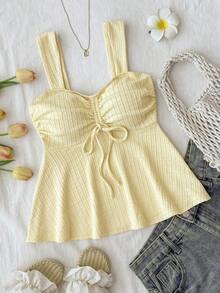 SHEIN Áo hai dây dệt kim màu vàng kem, kiểu dáng thường ngày, dành cho nữ tuổi teen, thích hợp cho kỳ nghỉ. - Màu vàng - Xem 7