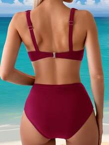 Swim Lushoire Set Bikini Kasual Liburan Wanita - Burgundy - View 2