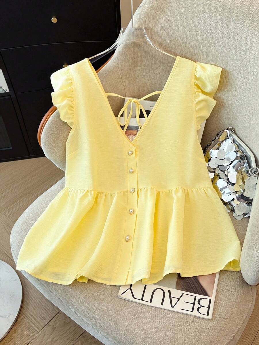GlowEve CURVE Áo sơ mi voan in hoa cỡ lớn dành cho nữ, kiểu dáng thường ngày, không cài cúc phía trước, phù hợp cho mùa xuân, hè và thu. - Màu vàng - Xem 1