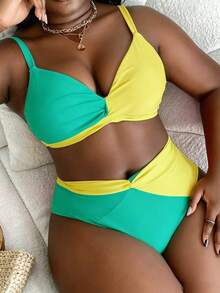 Slaydiva Plus Size Women's Summer Beach Contrast Color Ruched Sexy Bikini Set - Lime Green - View 1