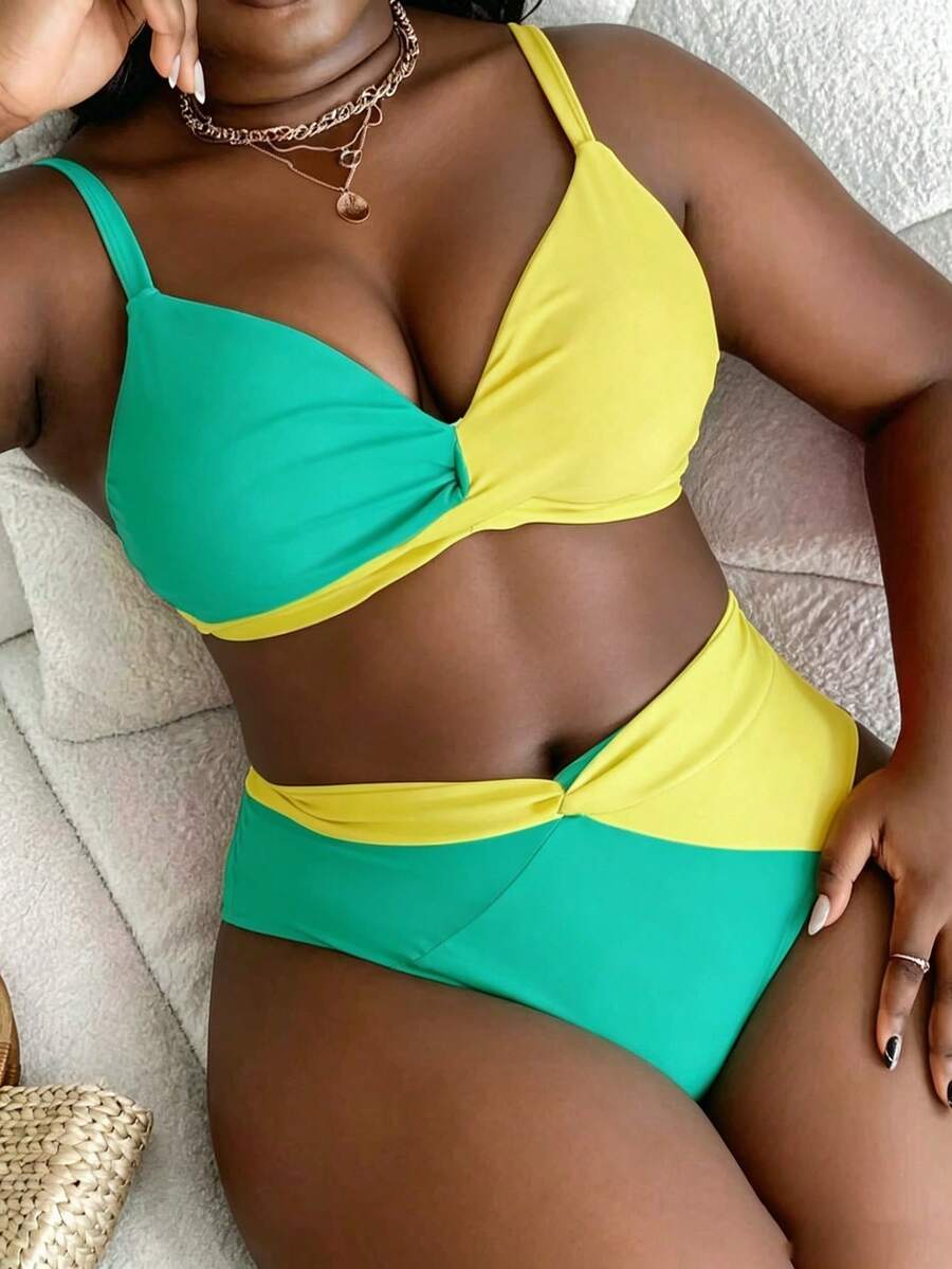Slaydiva Plus Size Women's Summer Beach Contrast Color Ruched Sexy Bikini Set - Lime Green - View 1