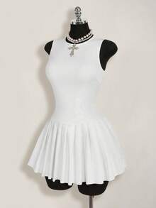 SHEIN ICON 女士纯色圆领褶皱无袖迷你连衣裙 - 白色 - 查看 6