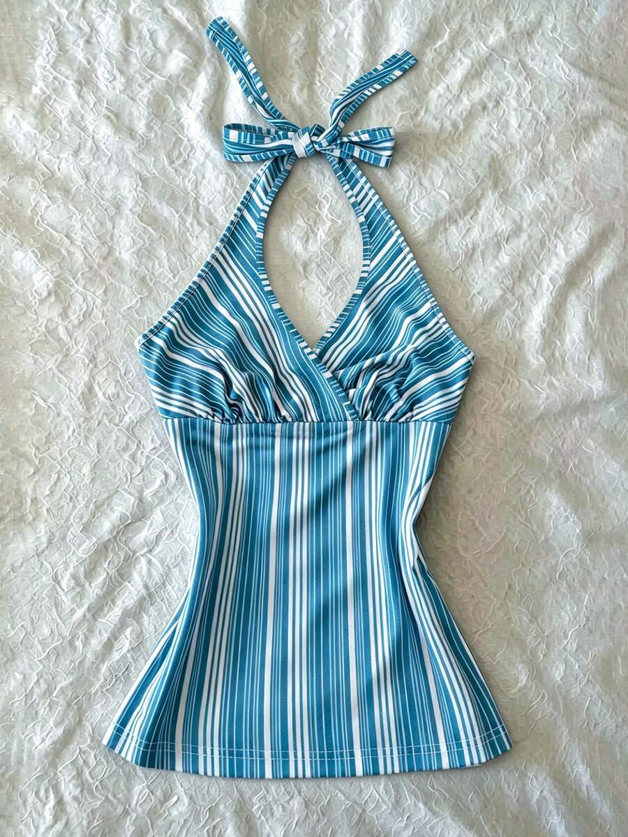 IslaSuriya Digital Print Women's Striped Print Halter Backless Tie Strap Camisole - Multicolor - View 1