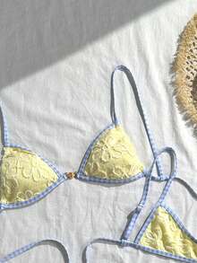 Swim Mod 3er Damen-Set aus gelbem Stoff mit blauem Karomuster, süßes, niedliches Badeanzug-Set für Strandurlaub - Verschiedenfarbig - Übersicht 9