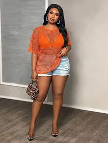 Slaydiva Plus Size Casual Street Style Black Sheer Loose 3/4 Sleeve Round Neck Regular Length T-Shirt, Spring/Autumn - Orange - View 5