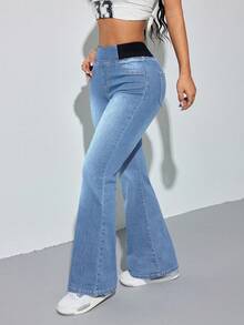 SHEIN PETITE Calça Denim Azul Skinny Flare Feminina, Confortável, Jeans de Alta Elasticidade, Estilo Sereia, para Verão e Escritório, para Mulheres Petite - Lavagem clara - Visão 6