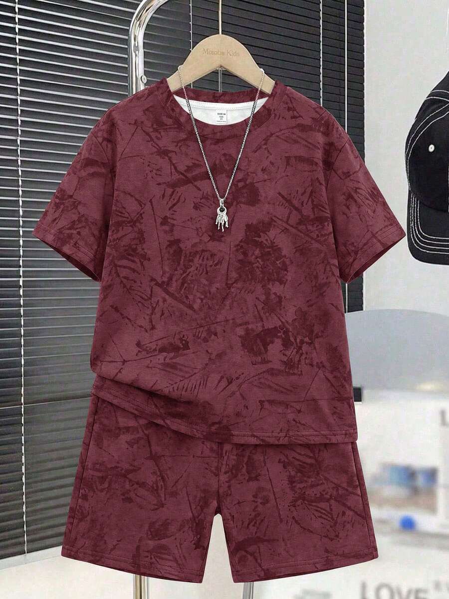 青少年男童休闲舒适简约圆领短袖T恤和短裤套装 - 彩色 - 查看 1