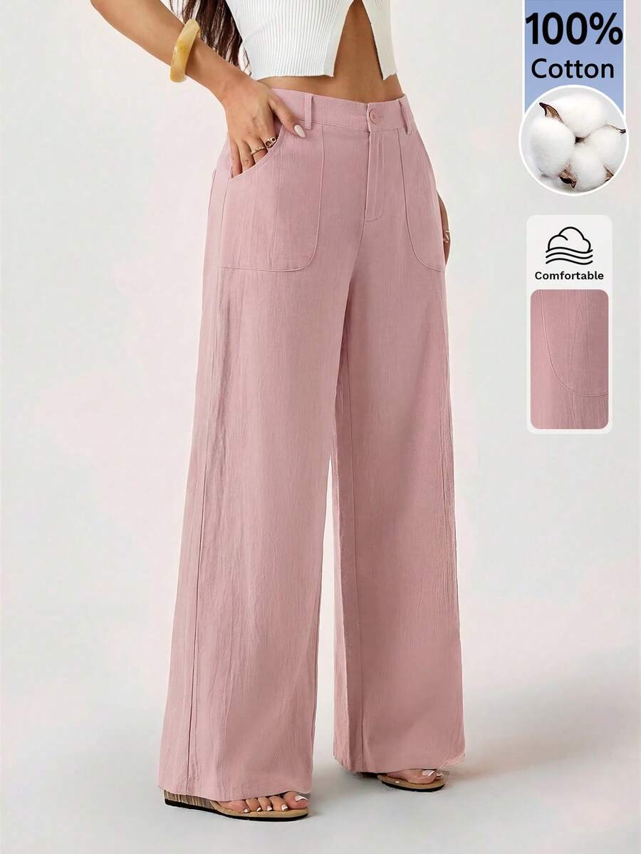 SHEIN PETITE 100% Washed Cotton Low Waist Straight Pants ,Petite Women - Dusty Pink - View 1