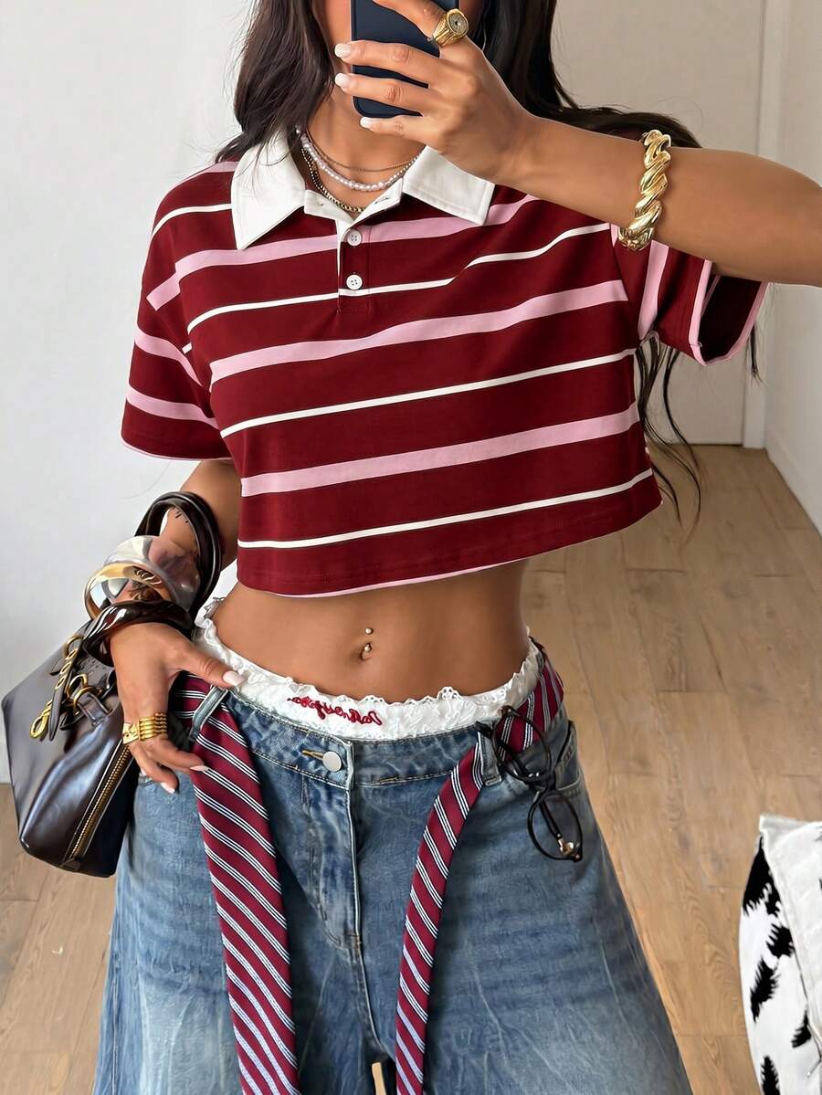 Coolane 女款春季街頭風出遊返校大學生學院風復古返校日Y2K日常穿搭休閒老錢風彈性舒適條紋短版POLO衫 - 彩色 - 查看 1