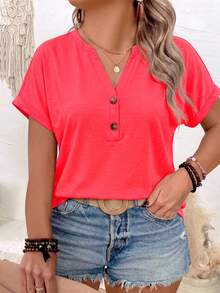 EMERY ROSE Women's Spring/Summer New Arrival Neon Bright Color Button Decor Casual Knit Loose Fit Plus Size T-Shirt - Red - View 4