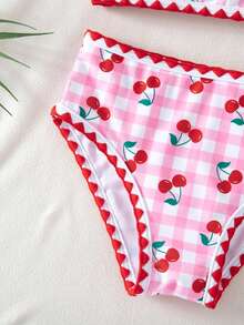 SHEIN Bộ đồ bơi 2 mảnh cho bé gái, áo camisole một vai dệt kim họa tiết kẻ caro và anh đào, quần bơi tam giác - Nhiều màu - Xem 6