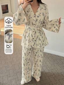 DAZY Conjunto de pijama de mujer con 2 piezas, estampado de dibujo lineal floral, tela de gasa texturizada y decoración de botones de contraste - Blanco - Ver 4
