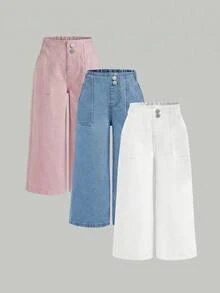 SHEIN 3件套女童海军蓝、中蓝、浅蓝宽松牛仔裤 - 彩色 - 查看 1