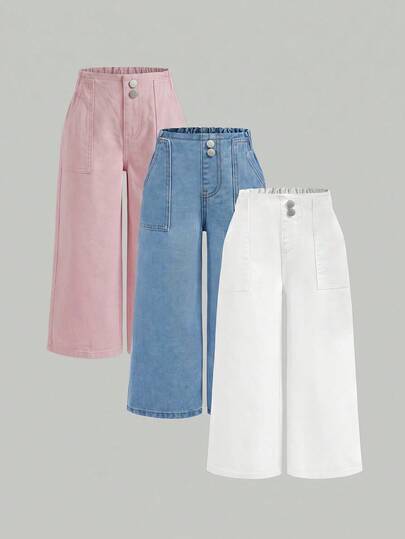SHEIN 3pcs/Set Young Girl' Navy, Mid-Blue, Light Blue Loose Fit Denim Pants