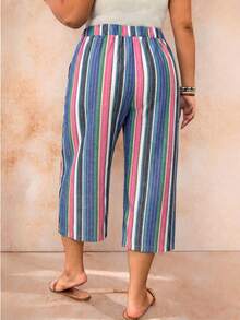 SHEIN LUNE CURVE Plus Size Women's Asymmetrical Light Blue Striped Summer Boho Vacation Holiday Casual Wide Leg Pants,Striped Print Slim Fit Commute Office Trousers - Blue - View 2