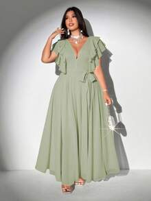 Viva Relle Đầm chiffon dáng chữ A thanh lịch, lãng mạn, cổ chữ V buộc dây, tay bồng dành cho phụ nữ cỡ lớn - màu xanh lá - Xem 3