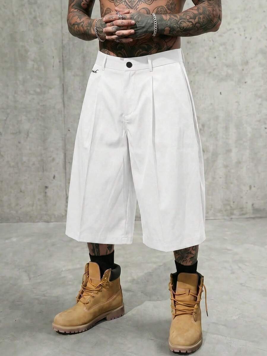 AXEPEAK Men's Solid Color Pleated Waist Belt Loop Casual Loose Summer Versatile Shorts - White - View 1