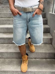 Manfinity EMRG Men's Light Blue Distressed Denim Shorts, Casual Loose Wide Leg Shorts For Summer Holiday - Light Wash - View 6