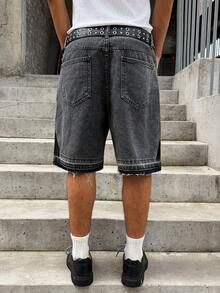 Manfinity EMRG 男士夏季刺繡牛仔短褲，寬鬆街頭風街頭穿搭百慕達短褲 日拳擊深灰色，度假 - 深灰色 - 查看 2