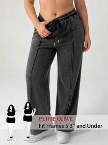 SHEIN PETITE CURVE 大码纯色休闲裤 - 深灰色 - 查看 1