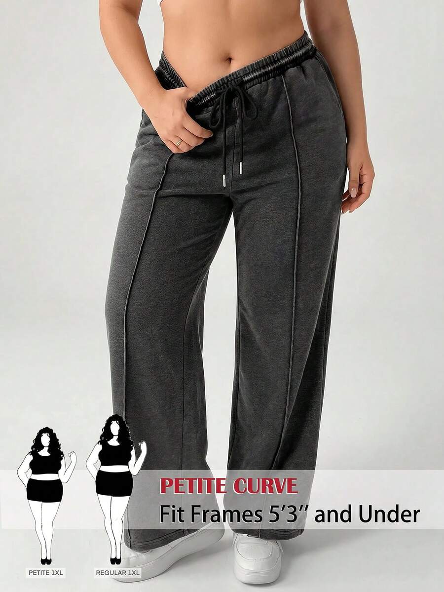 SHEIN PETITE CURVE 大码纯色休闲裤 - 深灰色 - 查看 1
