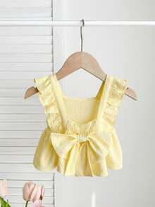 SHEIN Blus Bayi Perempuan Kasual Lucu dengan Tekstur dan Pita, Serbaguna untuk Musim Panas - Mustard Yellow - View 3