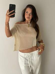 Aloruh Solid Color Asymmetric Neckline Sheer Cover Up With Metallic Threads - White - View 5
