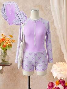 SHEIN Đồ bơi cho bé gái tuổi teen, bộ đồ bơi hai mảnh mới mùa hè màu tím in nơ, tay dài, chống nắng, liền thân kèm quần short đi biển, bộ hai mảnh cho bé gái, chất liệu co giãn cao, thoáng khí, thích hợp cho kỳ nghỉ biển, suối nước nóng, vui chơi dưới nước. - Màu tím - Xem 3