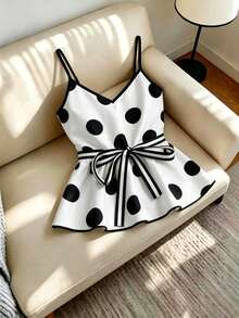 SHEIN Franclia Áo hai dây cổ chữ V chấm bi thanh lịch dành cho nữ - Đen và trắng - Xem 2