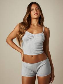 MISSGUIDED Pointelle Knit Crop Cami And Shorts Lounge Set With Scallop Trim Detail For Cozy Everyday Wear - Grey - View 3