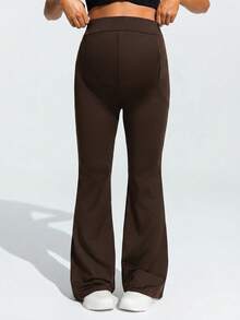 SHEIN Pantalones acampanados casuales y versátiles de unicolor con cintura ajustable para uso diario durante el embarazo - Café integral - Ver 4