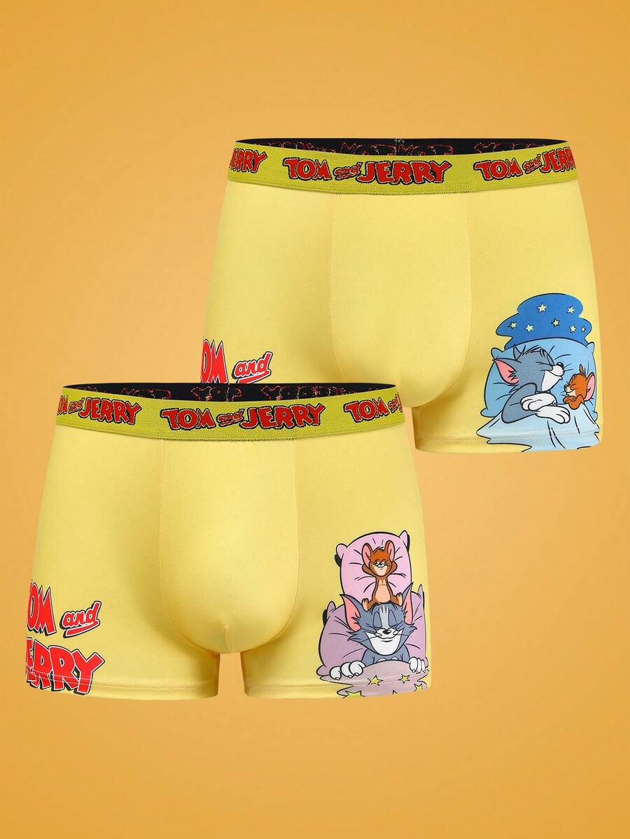 Notgurli TOM & JERRY X SHEIN Calzoncillos tipo bóxer estampados para hombre - Amarillo - Ver 1