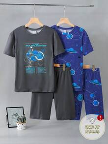 4件套青少年男童修身太空行星印花短袖短裤睡衣套装，舒适亲肤夏季家居服，也可作为外衣穿着，适合青少年，以宇宙和太阳系为主题，时尚百搭 - 彩色 - 查看 3