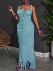Slaydiva Plus Size Summer Sleeveless Hollow-Out Sheer Dress - Mint Blue - View 7